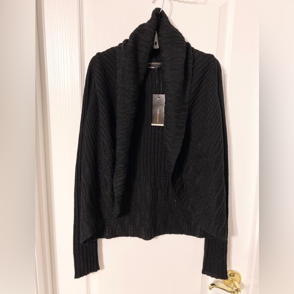 BCBGMaxAzria Open Knit Shawl Collar Wool Blend Open Cardigan Shrug Black XS